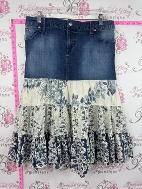 Motherhood Maternity skirt y2k Blue Denim and Cream Floral Tiered Maxi Skirt